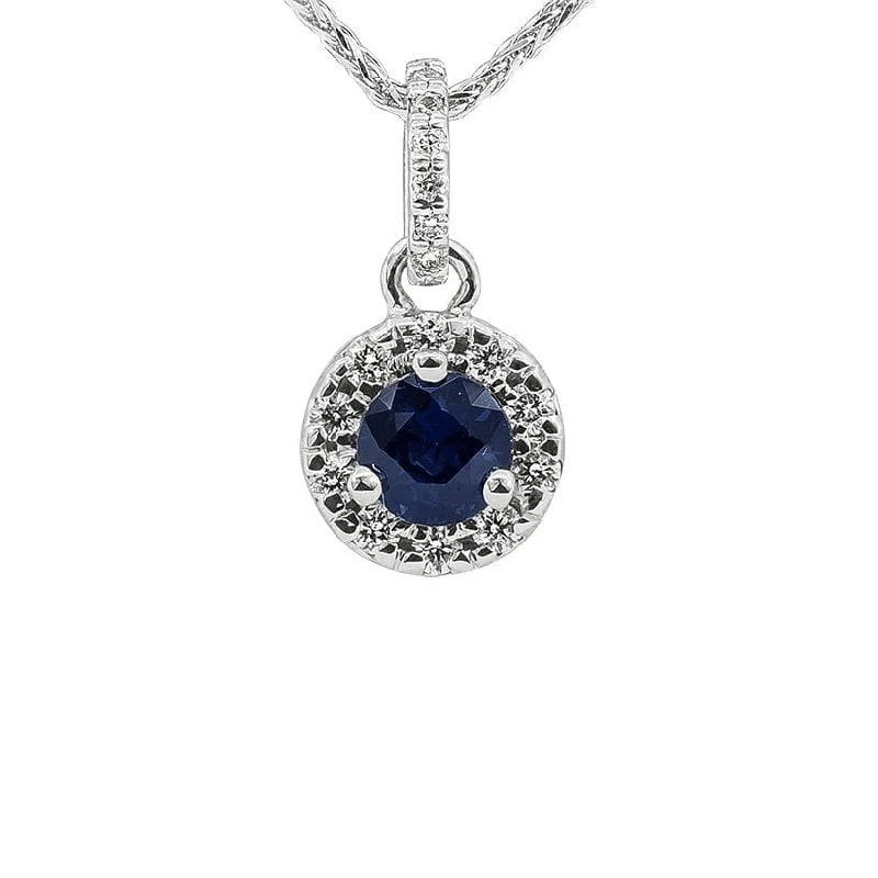 Custom jewelry necklaces for brides -Blue Sapphire and Diamond Halo Pendant