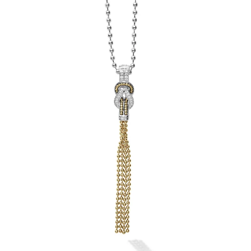 Layered silver necklaces for chic style -Two Tone Knot Diamond Tassel Pendant Necklace