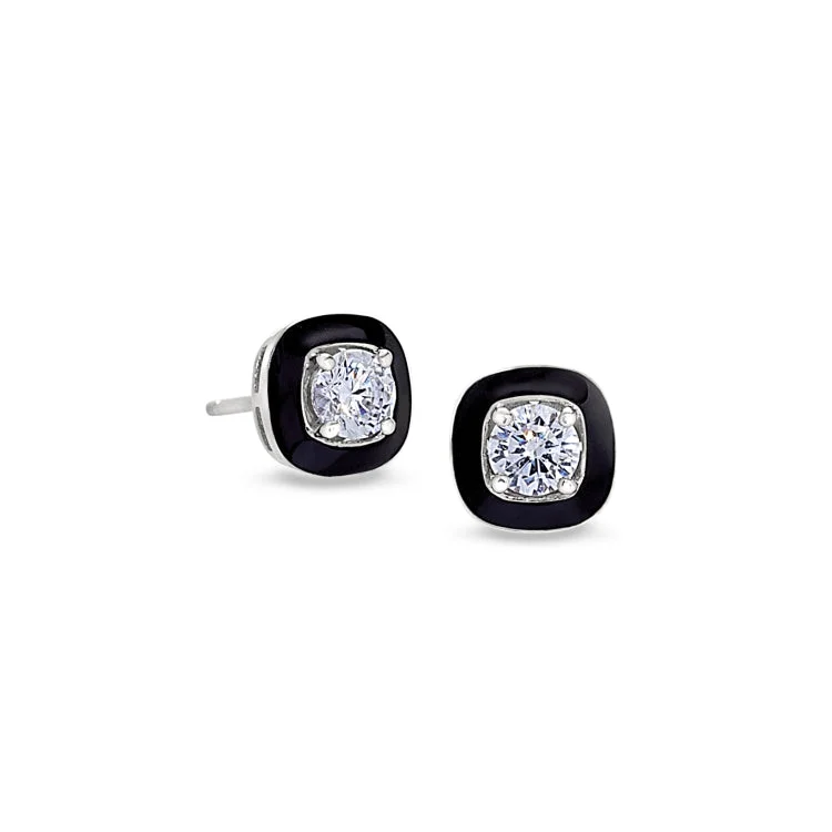 Teardrop gemstone earrings-Platinum Finish Sterling Silver Micropave Small Cushion Cut Earrings with Black Enamel and Simulated Diamonds