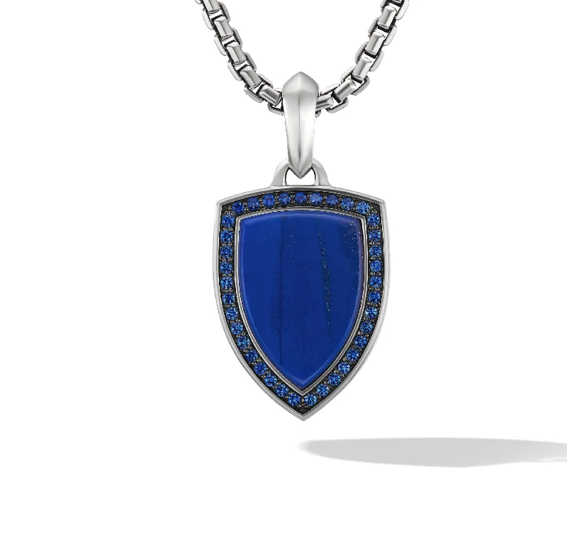 Boho necklaces for free-spirited individuals -Shield Amulet in Sterling Silver with Lapis and Pave Sapphires