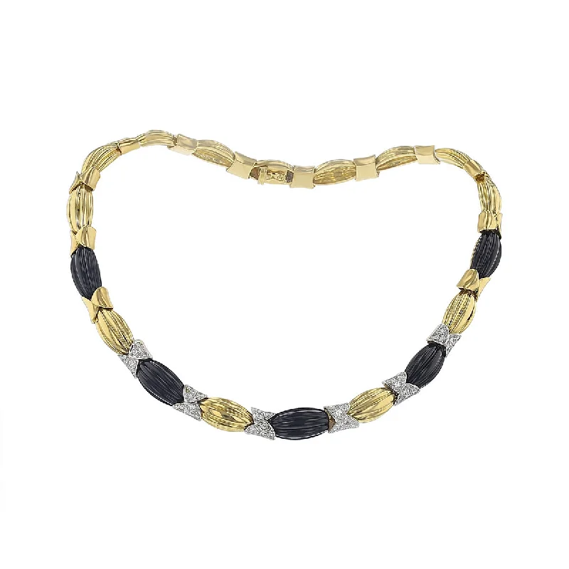 Necklaces with spiritual symbols -18K Yellow Gold Onyx and Diamond Butterfly Link Necklace