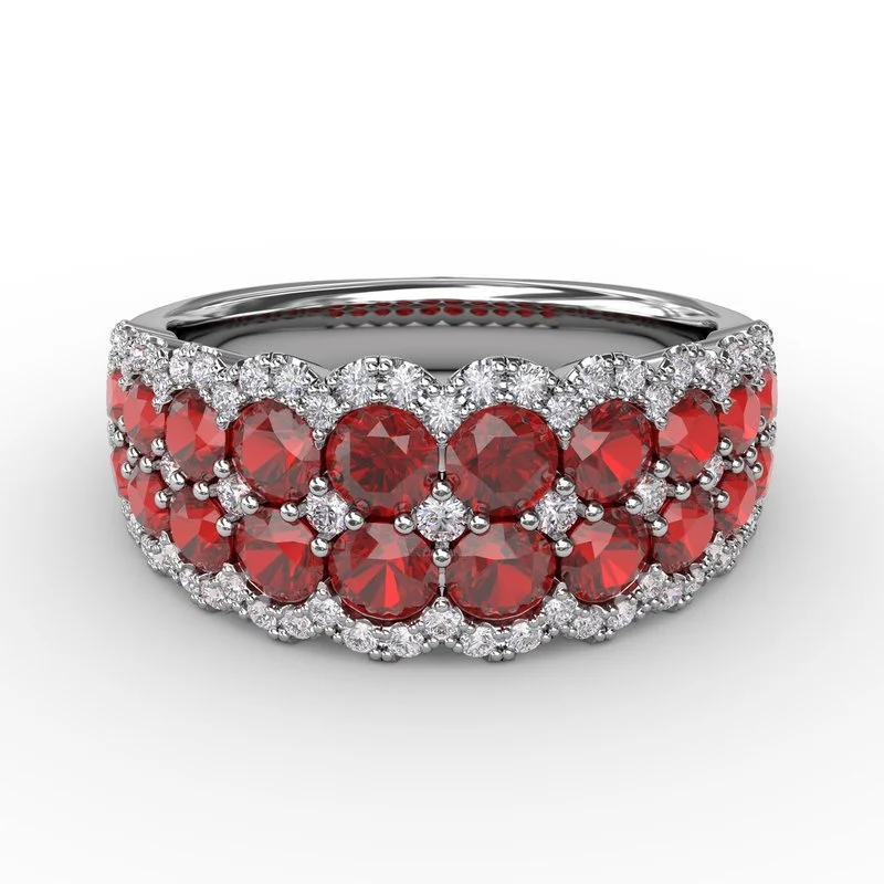 Trendy stacking rings for women -FANA Ruby and Diamond Double Row Ring R1636R