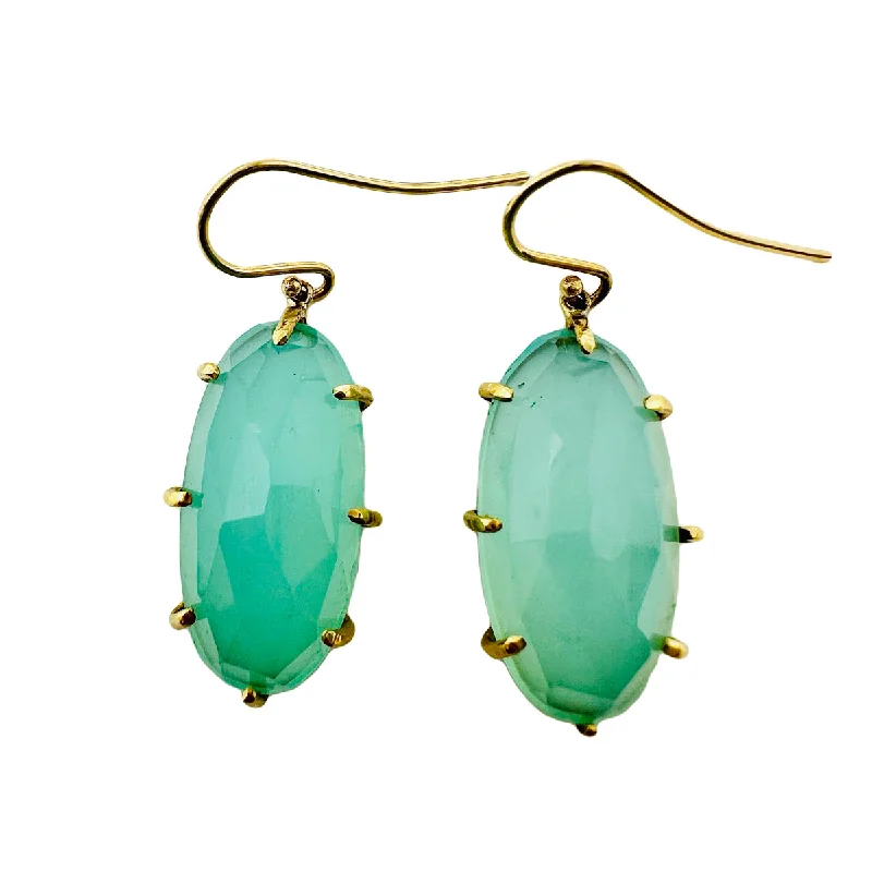 Adjustable drop earrings-Sally Kay 18K Gold Oval Faceted Green Chalcedony Earrings