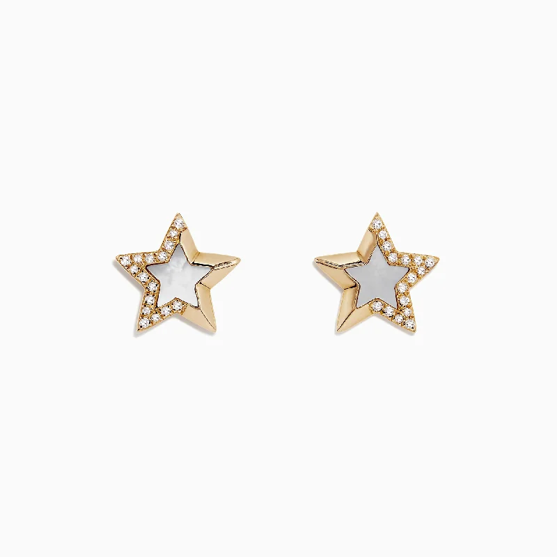 Designer earrings-Novelty 14K Gold Mother of Pearl and Diamond Star Earrings, 0.11 TCW