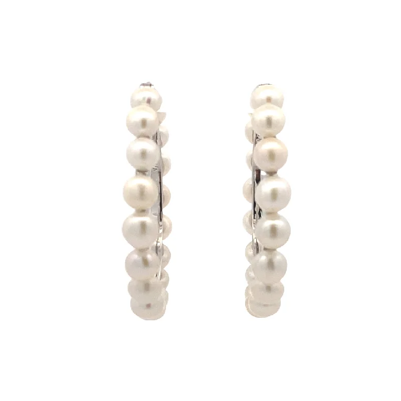 Wedding earrings for bridesmaids-Pearl Hoop Earrings in Silver by Imperial Pearl