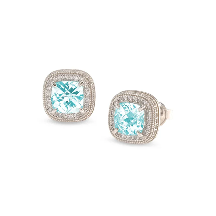 Chunky earrings-Platinum Finish Sterling Silver Micropave Earrings with Simulated Aquamarine and Simulated Diamonds