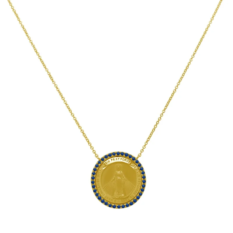 Designer statement necklaces -Blue Sapphire Halo Miraculous Medal