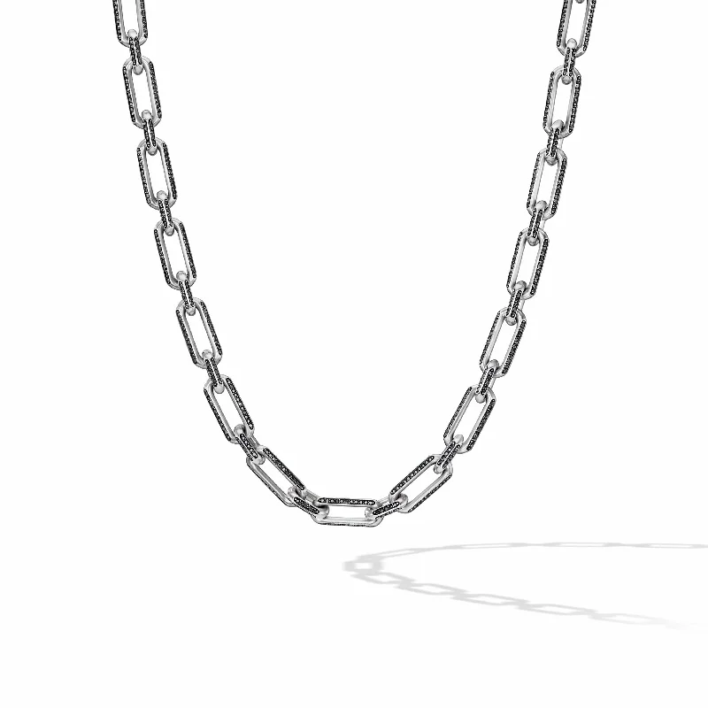 Layered beaded necklaces for fun outfits -Elongated Open Chain Link Necklace in Sterling Silver with Pave Black Diamonds