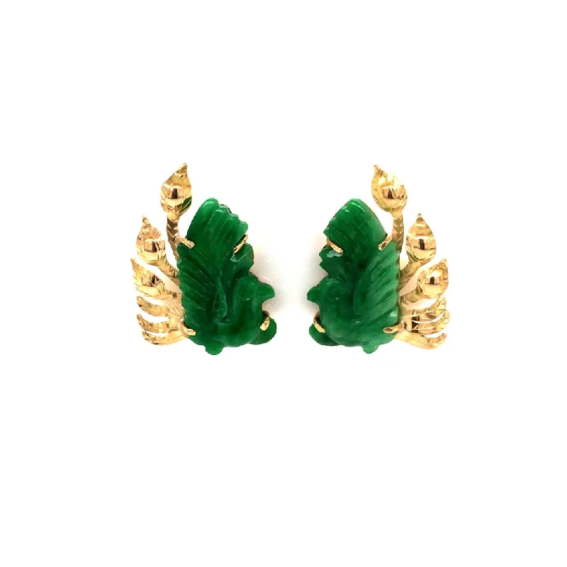 Yellow gemstone earrings-Estate Mings Plumage Carved Jade Earrings in Yellow Gold