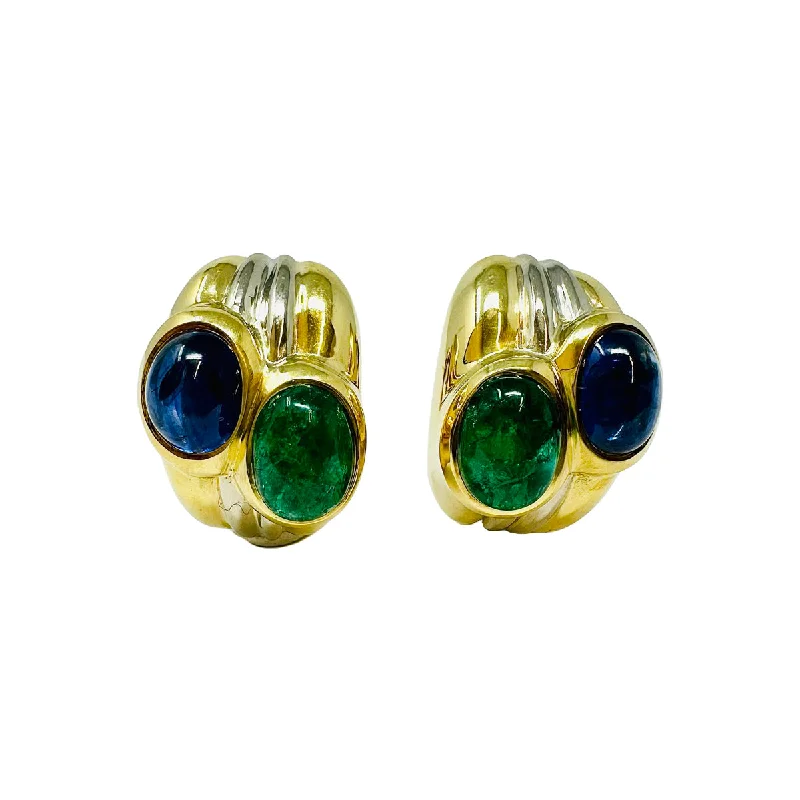 Classic stud earrings-Giovane 18K Yellow and White Gold Ribbed Earrings with Emerald and Sapphire