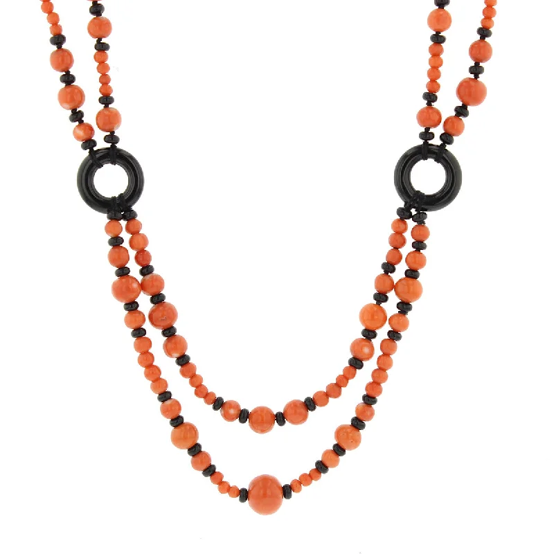 Simple silver necklaces for men -22-Inch Coral Double Strand Necklace with Onyx