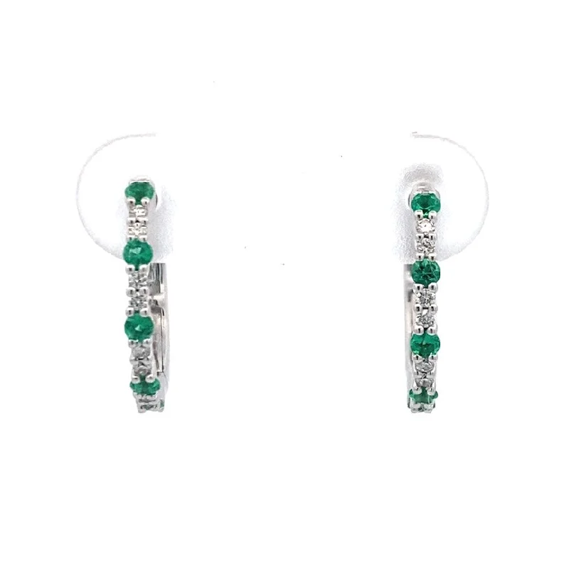 Elegant earrings-Emerald and Diamond Hoop Earrings in White Gold by Fana