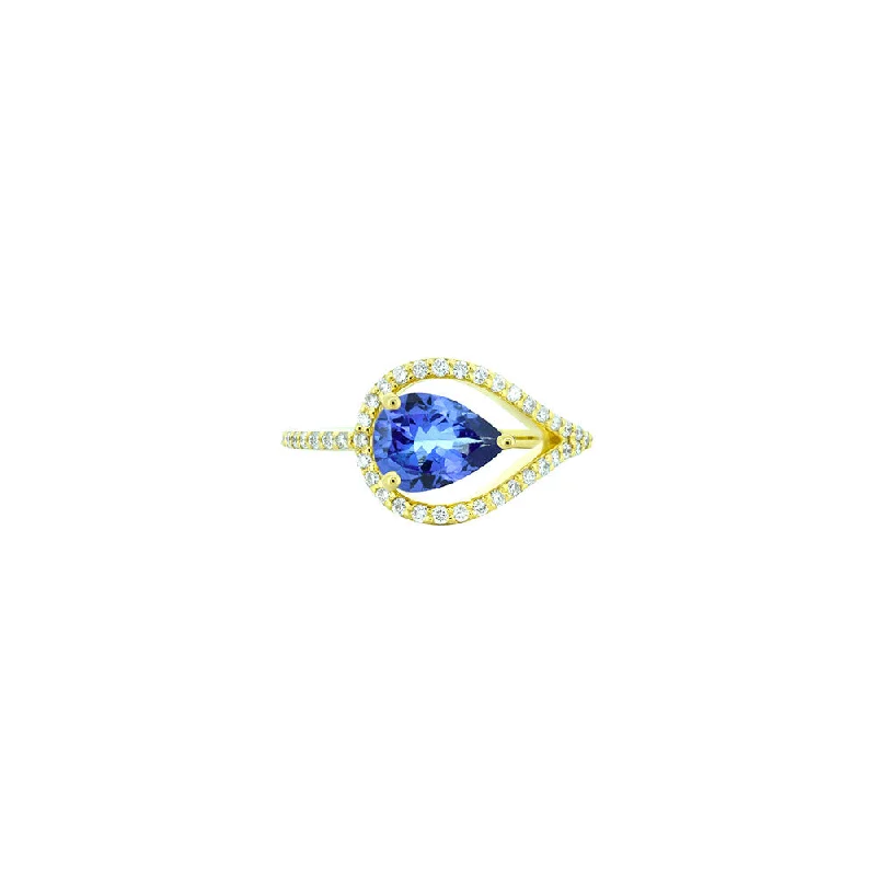 Vintage diamond rings for engagement -18 Karat Yellow Gold open ring with Pear shape Tanzanite and diamonds