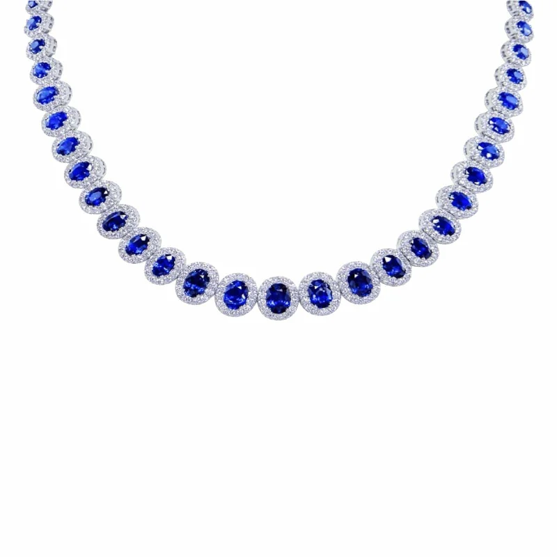 Minimalist necklaces for office wear -Blue Sapphire & Diamond Graduated Halo Necklace