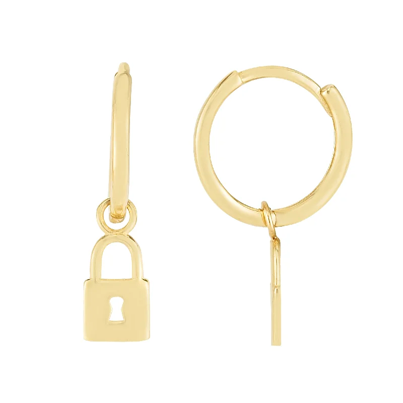 Personalized gold earrings-14K Dangle Lock Huggies