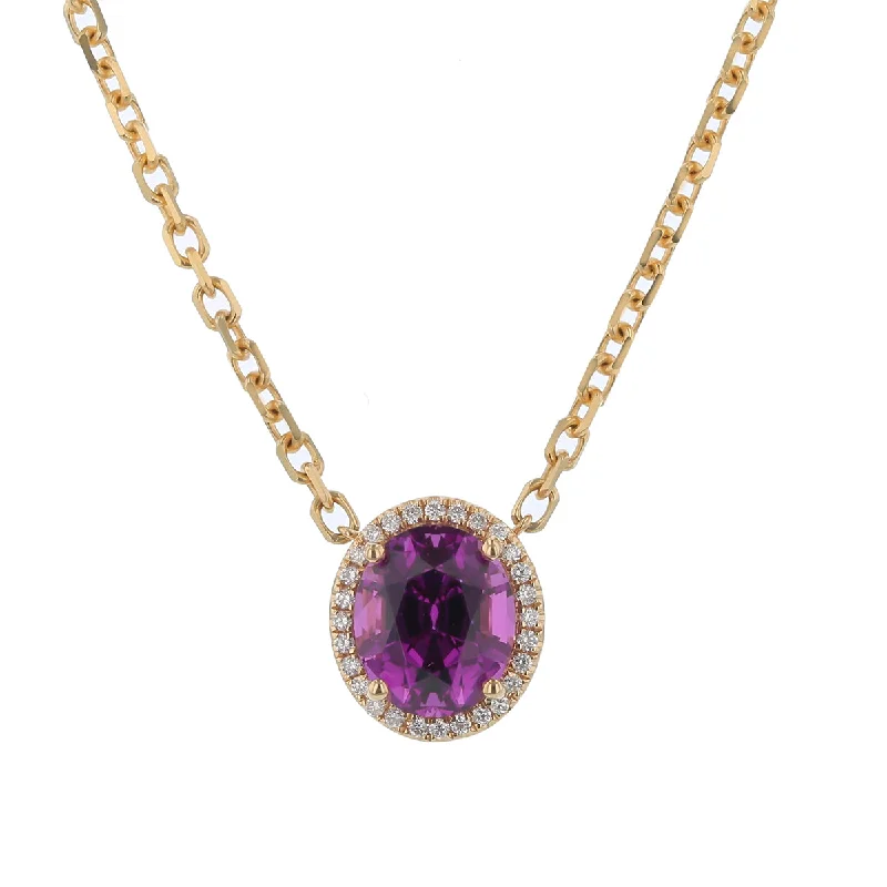 Luxury gold-plated necklaces for fashion lovers -4.21Ct Purple Garnet and 0.16Ct Diamond Halo Necklace in 14k Yellow Gold, 18in