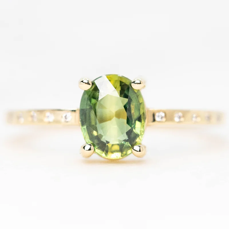 Chunky gemstone rings for bold style -Heath Ring with a 1.20 Carat Green Oval Sapphire and White Accent Diamonds in 14k Yellow Gold - Ready to Size and Ship