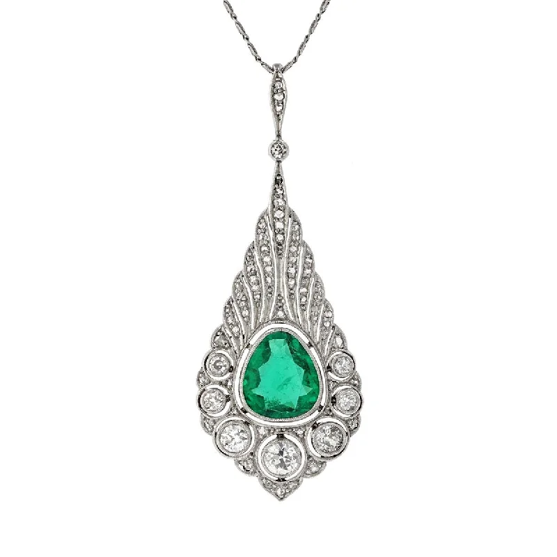 Minimalist necklaces for everyday wear -Art Deco Platinum Colombian Emerald and Diamond Pendant Necklace