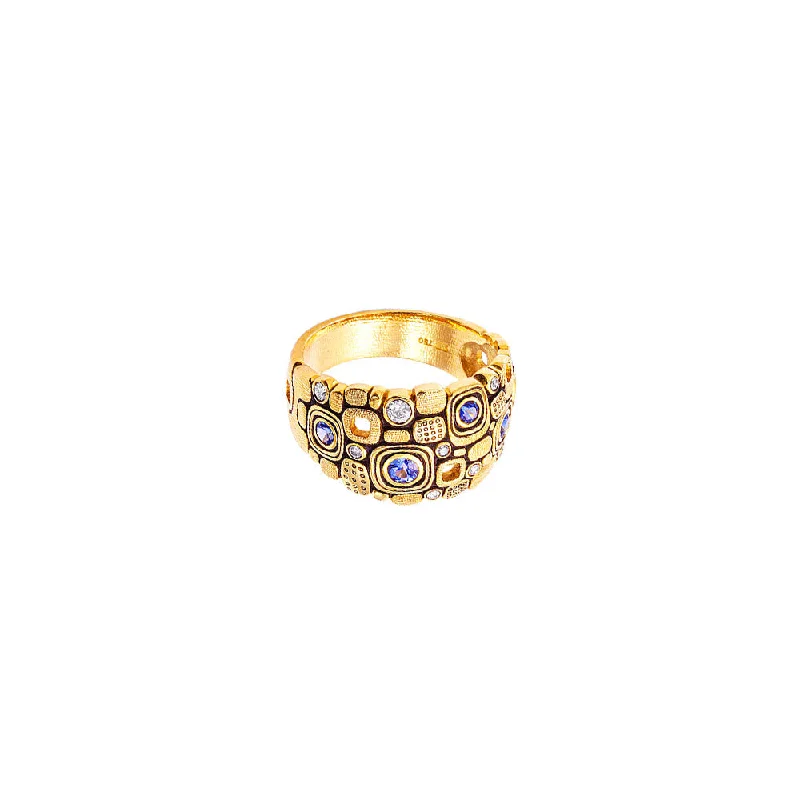 Adjustable gold rings for comfort -18 Karat Yellow Gold Little Window Dome candy ring with Sapphires and Diamonds