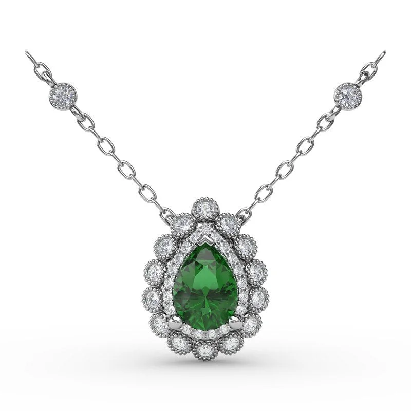 Statement necklaces for elegant events -Fana Floral Teardrop Emerald and Diamond Pendant P1768E