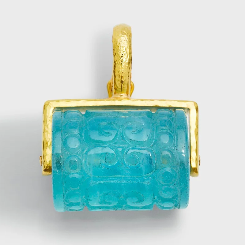 Unique gemstone necklaces for collectors -Turning Carved Aqua Barrel Pendant with Thin 3-Sided Frame