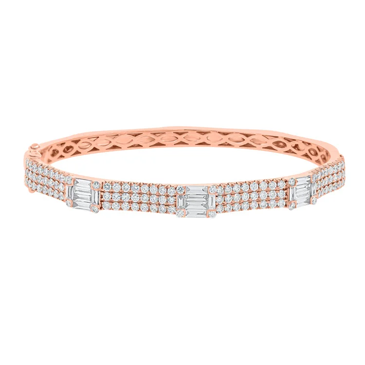 Simple link bracelets for minimalist style -14K Rose Gold Round Diamond and Baguette Diamond Bangle