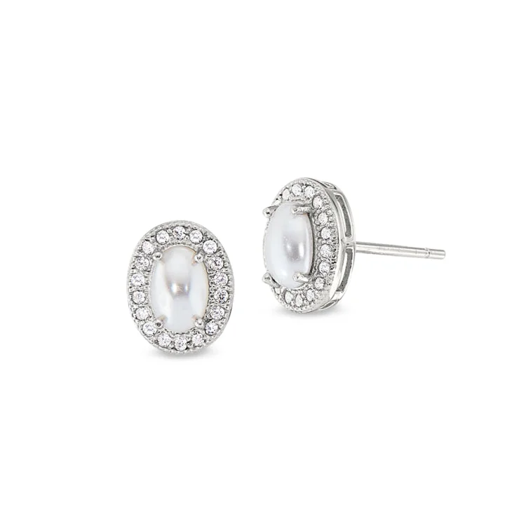 Multi-stone earrings-Platinum Finish Sterling Silver Micropave Cabochon Cut Pearl Earrings with Simulated Diamonds