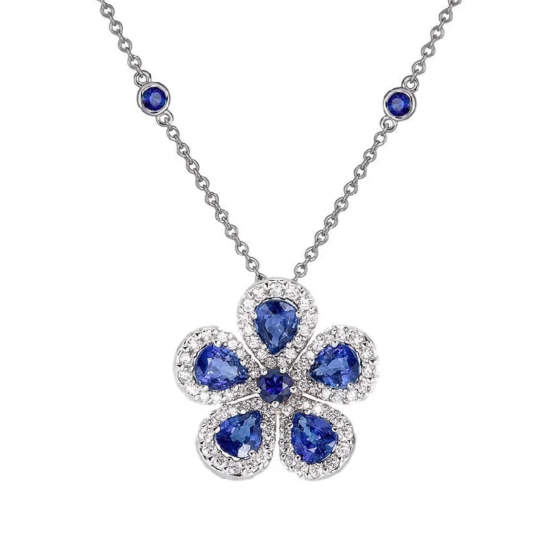 Pearl necklaces for sophisticated look -Classic Flower Necklace with Blue Sapphires and Diamonds