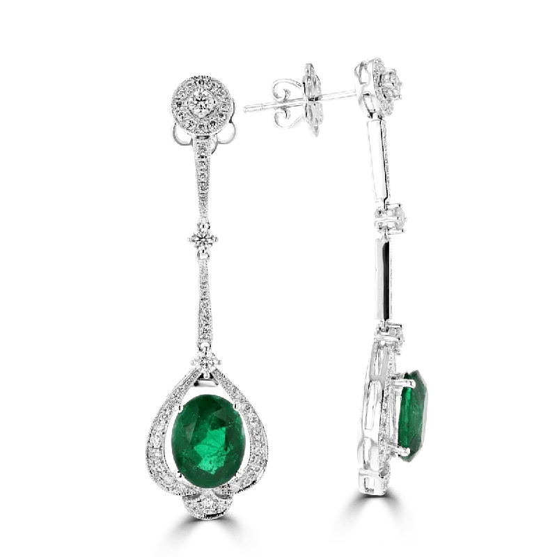 Art deco earrings-Juleve 18KT 3.95 CTW Emerald & .76 CTW Diamond Drop Earrings