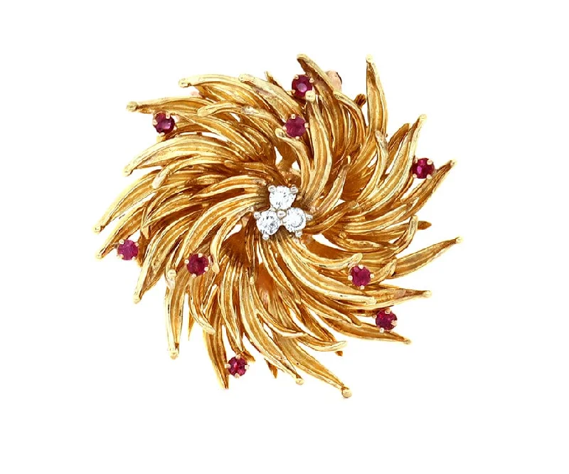 Feathered brooches for a dramatic look -Vintage Tiffany & Co. 0.30ctw Diamond and 0.10ctw Ruby Swirl Brooch in 18K