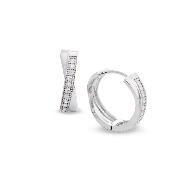 Lightweight earrings-Platinum Finish Sterling Silver Micropave Criss Cross Huggie Earrings with Simulated Diamonds