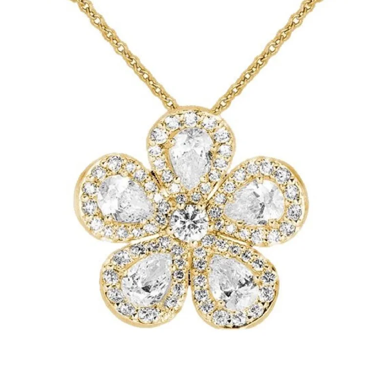 Fashionable necklaces for office outfits -18k Yellow Gold Small Diamond Flower Pendant