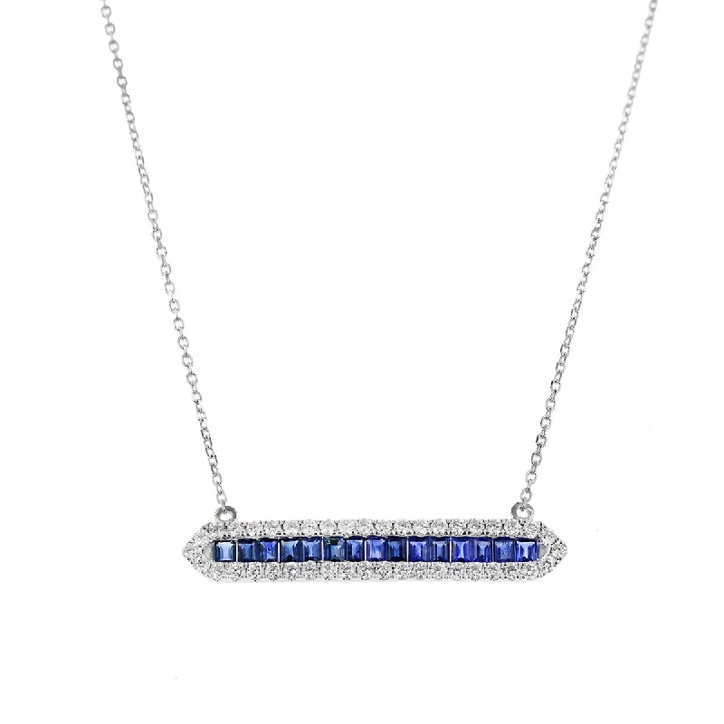 Luxury gold-plated necklaces for fashion lovers -Sapphire and Diamond Halo Bar Pendant Necklace