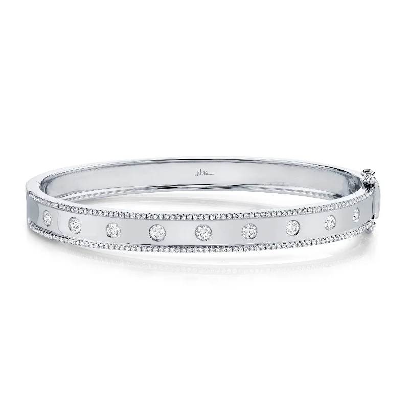 Bracelet sets with matching designs -14K White Gold Diamond Border Hinged Bangle (Medium)