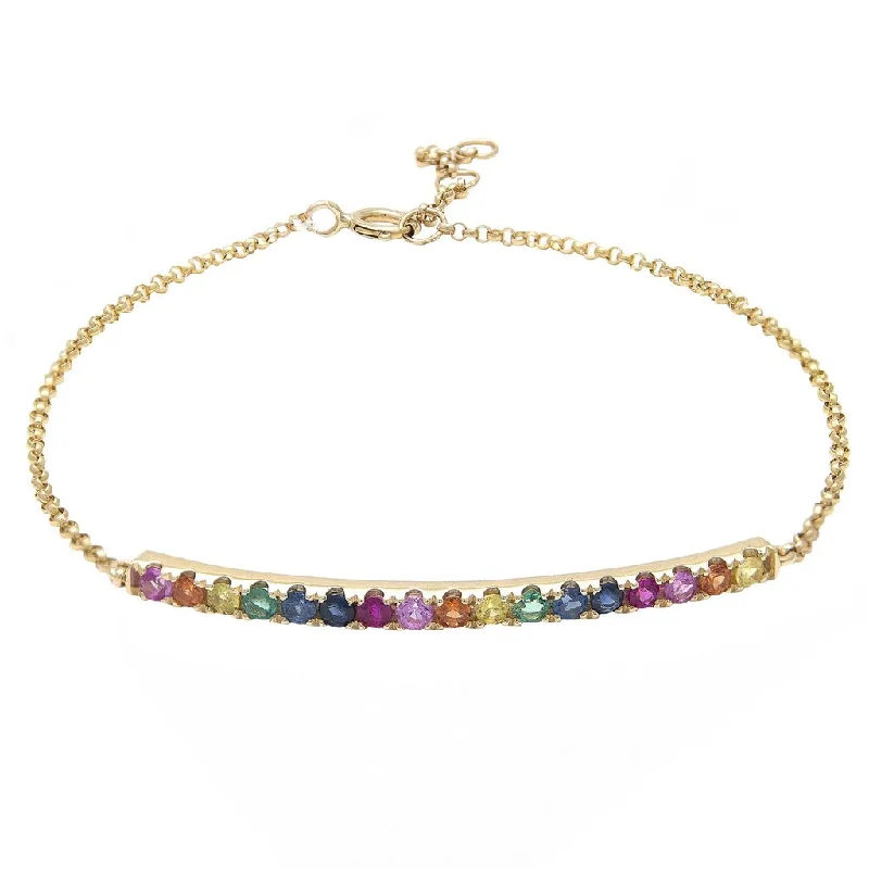 Luxury gold bracelets with intricate designs -14K Yellow Gold Colored Stone Curved Bar Bracelet