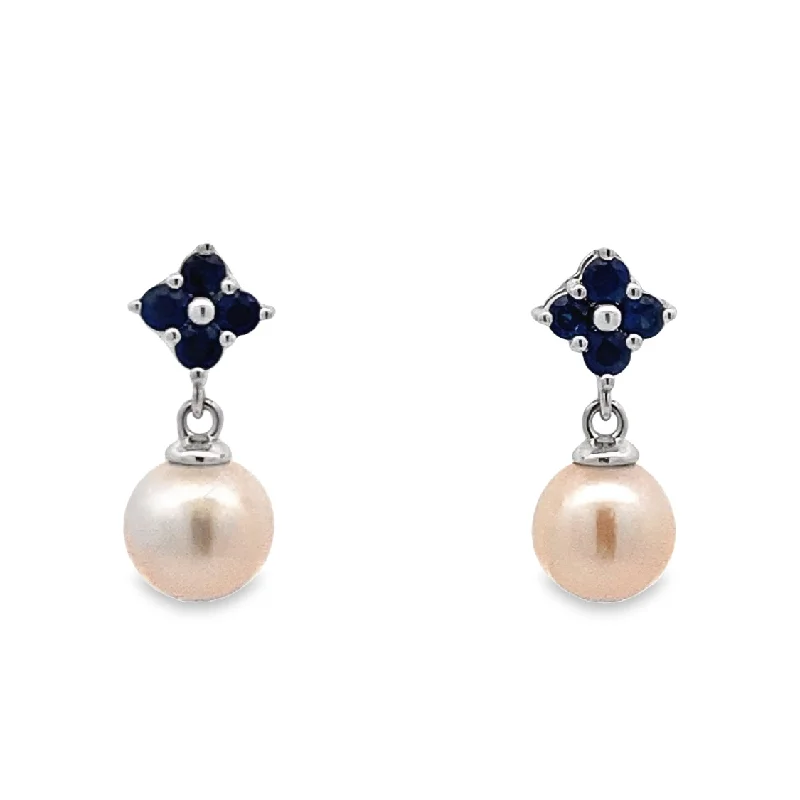 Round hoop earrings-Pearl and Sapphire Drop Earrings in White Gold by Imperial Pearl