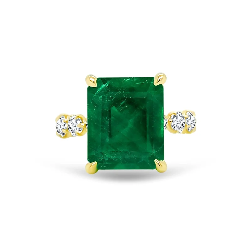 Classic gold wedding bands -Emerald Cut Gemstone Solitaire On Eagle Prong Diamond Band