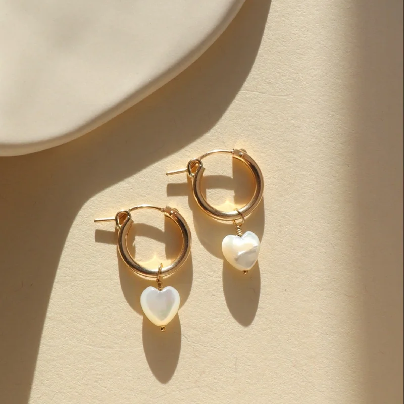 Designer hoop earrings-Mother of Pearl Heart Hoops