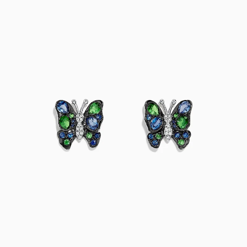 Personalized diamond earrings-Nature 14K White Gold Sapphire, Tsavorite & Diamond Butterfly Earrings, 1.85 TCW