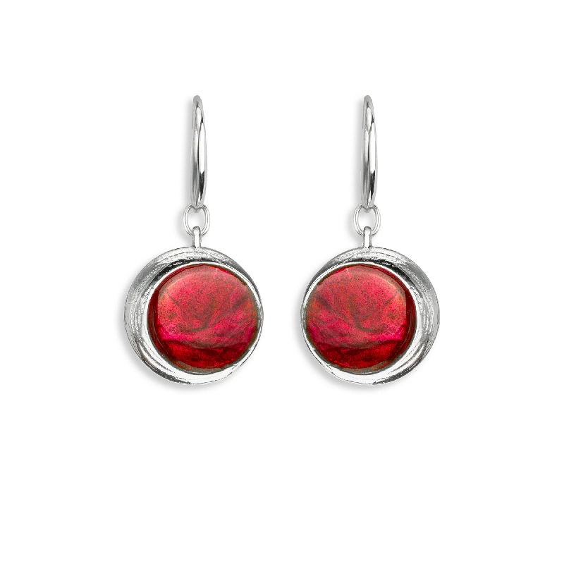 Handmade silver earrings-Round Red Enamel Drop Earrings in Silver by Nicole Barr