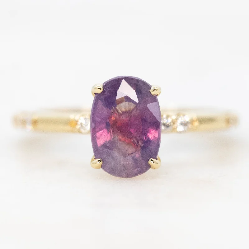 Engagement rings with sapphire accents -Estelle Ring with a 1.81 Carat Pink and Purple Oval Sapphire and White Accent Diamonds in 14k Yellow Gold - Ready to Size and Ship