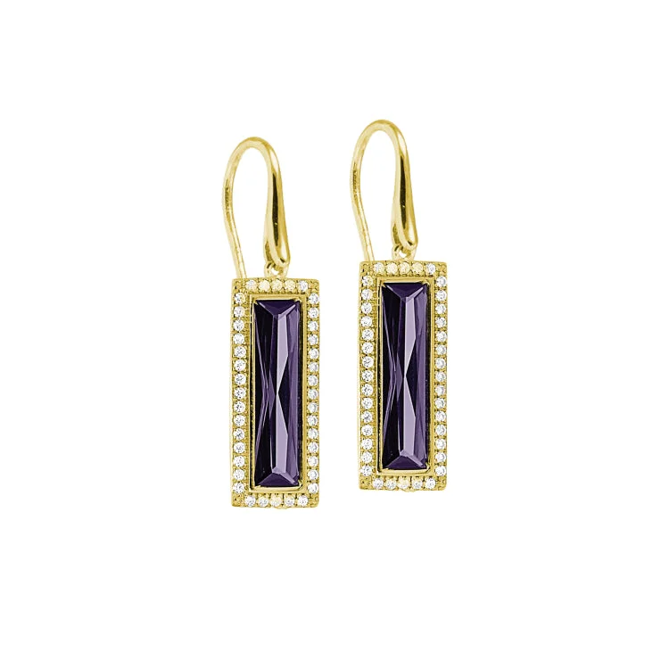 Multi-colored earrings-Rhodium Finish Sterling Silver Earrings with Rectangular Simulated Amethyst Stones and Simulated Diamonds