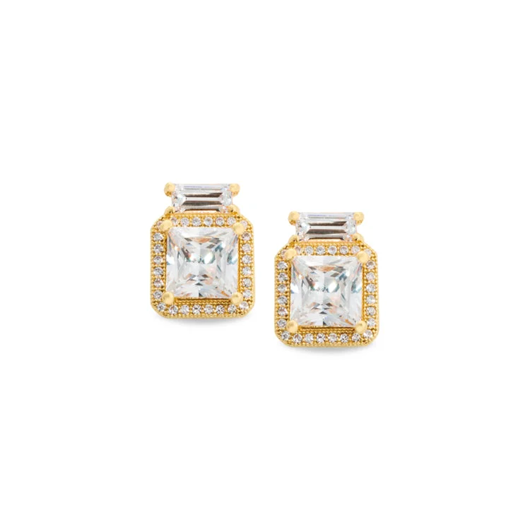 Luxury gemstone earrings-Gold Finish Sterling Silver Micropave Princess Cut Earrings with 52 Simulated Diamonds