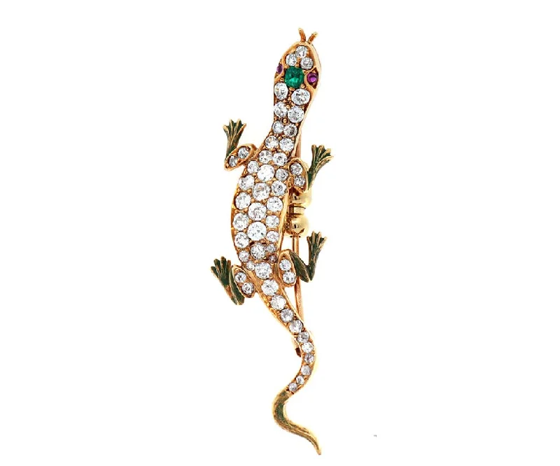 Simple brooches with clean, elegant lines -Vintage 1.25ctw Diamond 0.03ctw Ruby and 0.11ct Emerald Gecko Brooch in 18K