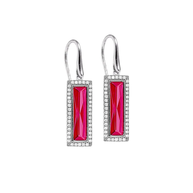 Silver earrings with diamonds-Rhodium Finish Sterling Silver Earrings with Rectangular Simulated Ruby Stones and Simulated Diamonds