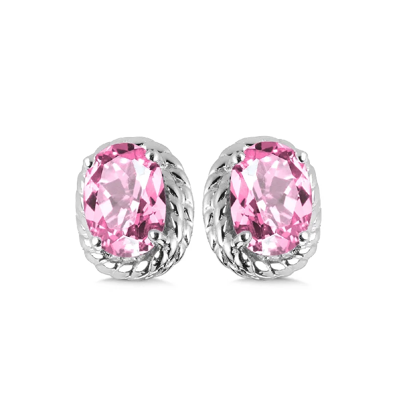 Unique gemstone hoop earrings-Created Pink Sapphire Stud Earrings in Silver