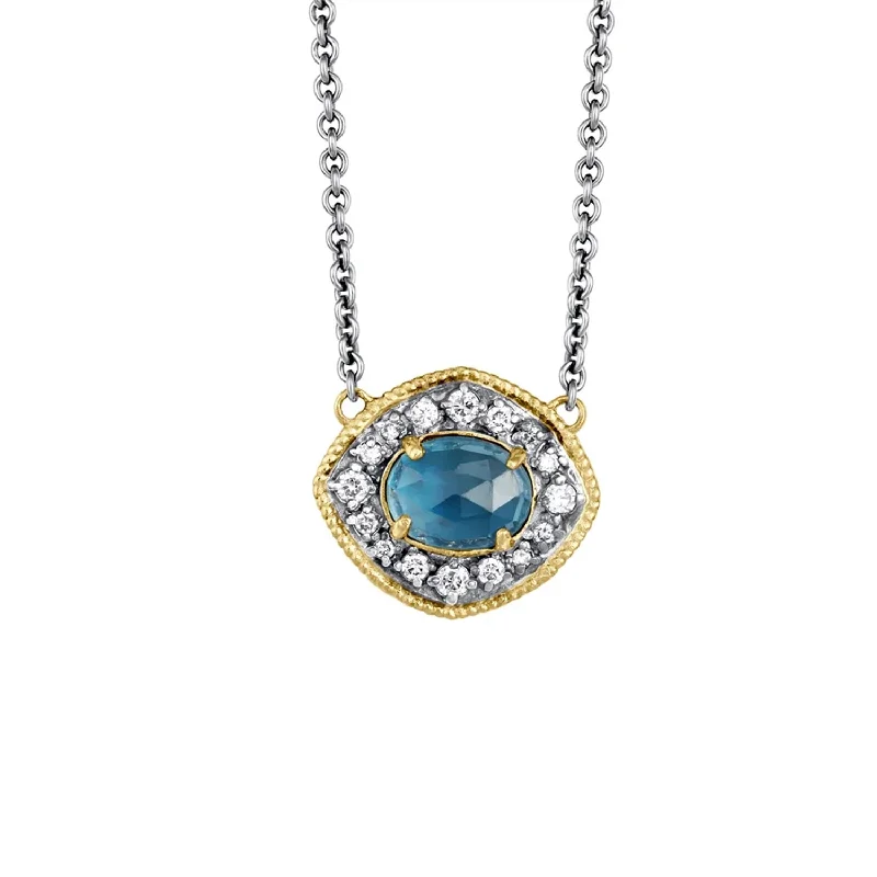 Religious necklaces for spiritual people -18K Yellow Gold and Grey Sterling Silver London Blue Topaz and Diamond Necklace