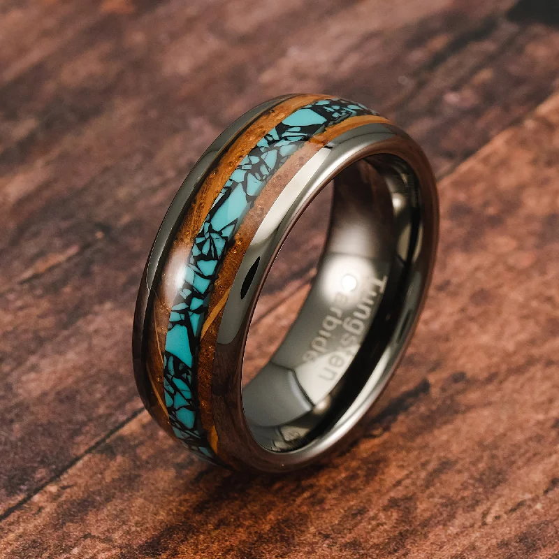 Personalized rings for anniversaries -100S JEWELRY Gunmetal Gray Tungsten Rings For Men Turquoise & Whiskey Barrel Wood Grain Inlay Wedding Promise Engagement Band Size 6-16