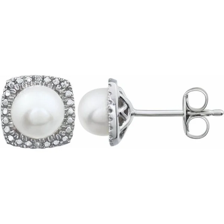 Custom pearl earrings for brides-Sterling Silver Cultured White Freshwater Pearl & .015 CTW Natural Diamond Earrings