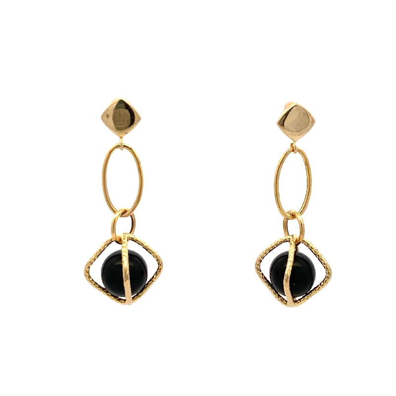 Gold earrings for women-Estate Onyx Bead Drop Earrings in Yellow Gold